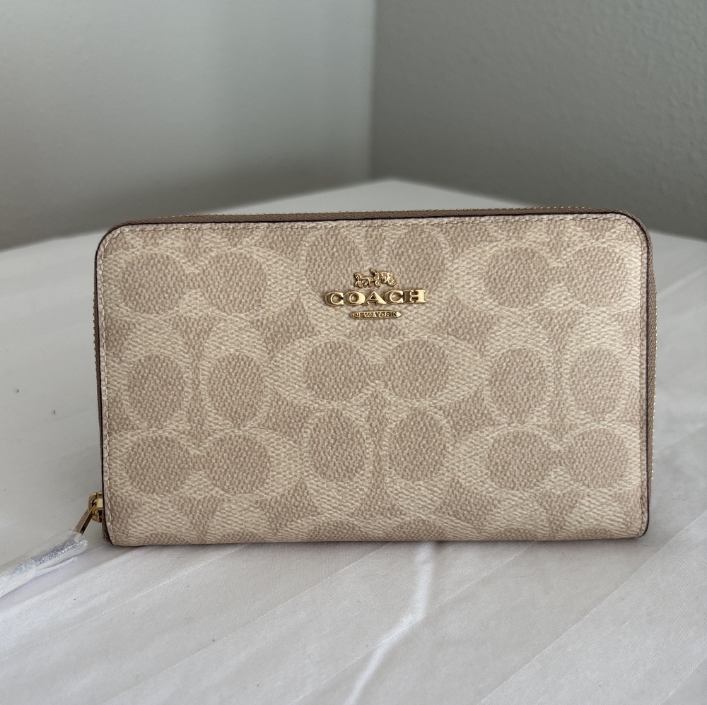 Coach Light Brown Signature Zip Wallet